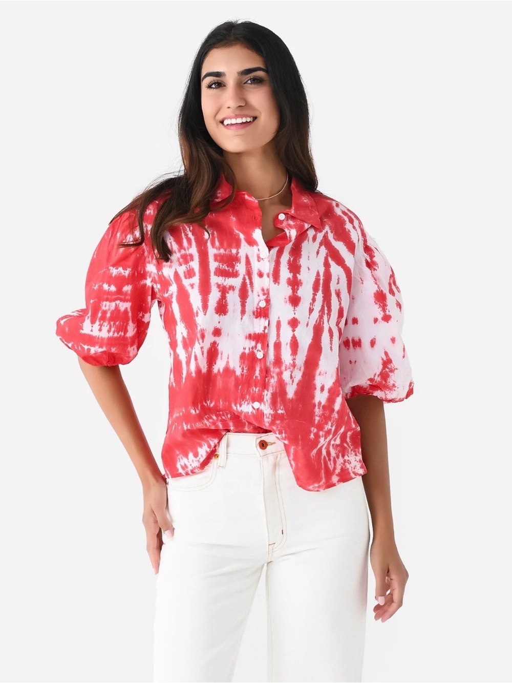 Stark X Tie Dye Red Puff Sleeve Poplin Cotton Button Up Shirt Size XS